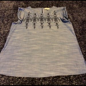 Chambray Flutter Sleeve Embroidered top